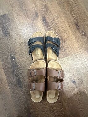 Two-Pair Double Buckle Slide Sandals in Black and Brown